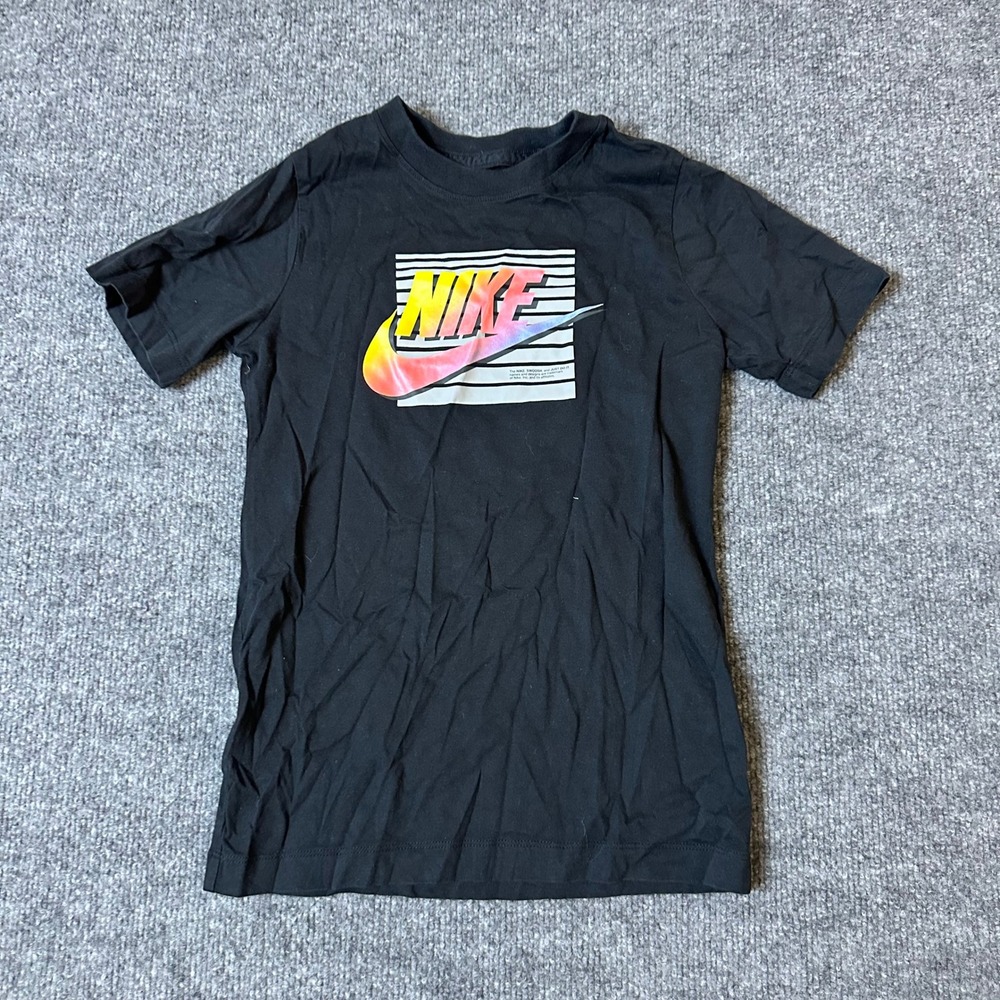 Nike T-Shirt Boys Size S Black Colorful Swoosh Graphic Logo Short Sleeve Cotton